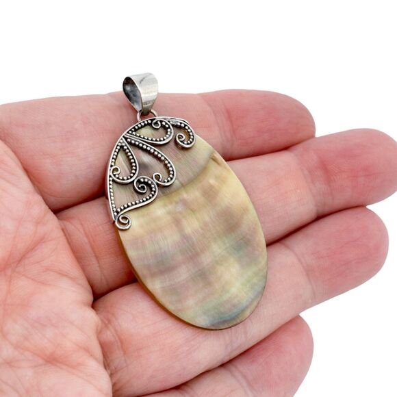 Vintage Sterling Silver 925 Filigree Abalone Oval Pendant - Picture 1 of 8